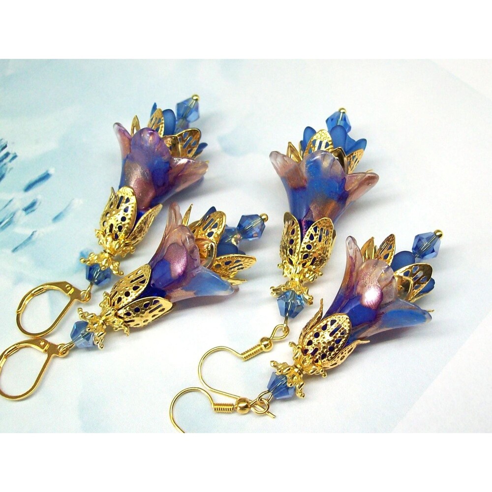 Boho Dangle & Drop Earrings, Gold, Hand Painted, Artisan Crafted Flower Jewelry